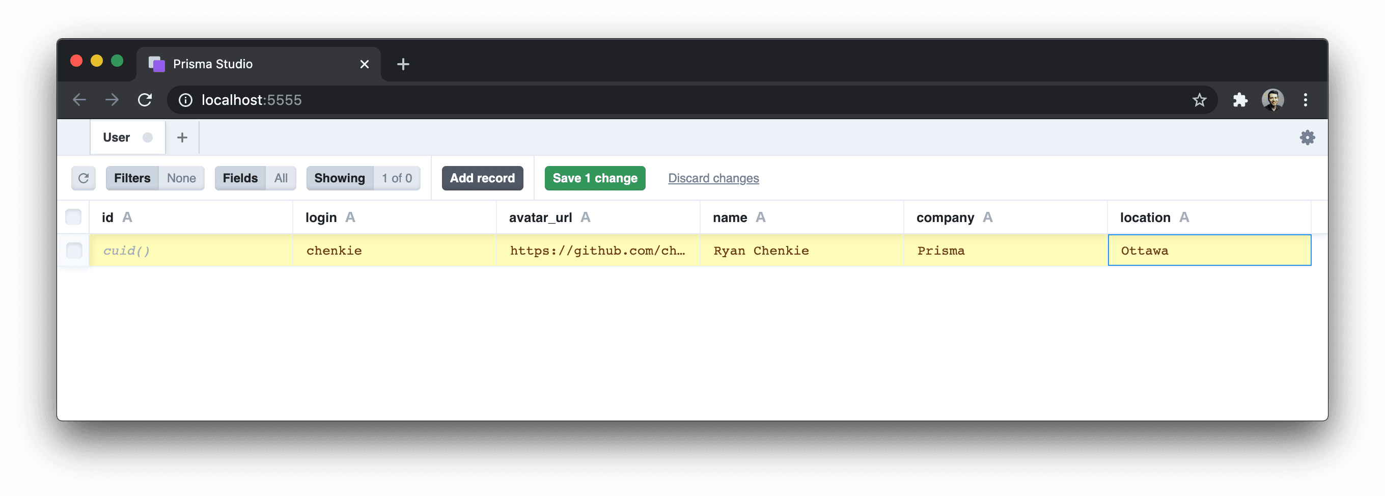 Prisma Studio running at http:./imgs/svelte-typescript-6.png)
We can click into the User table to view it. We can also take this opportunity to create some new data right through the UI.
![Adding a record using Prisma Studio