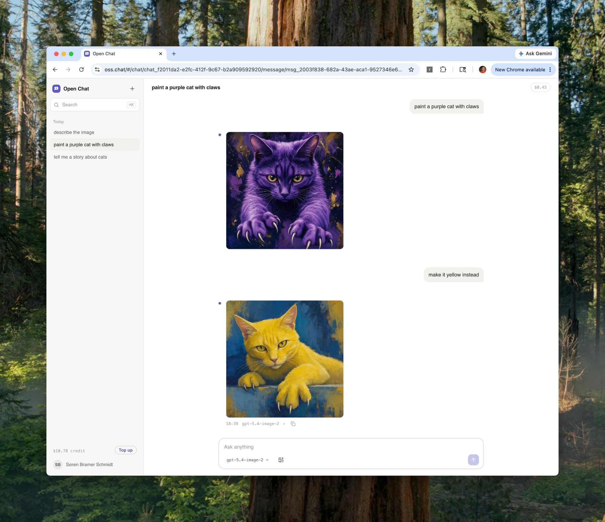 Open Chat at oss.chat: an image-generation conversation revising a painted purple cat to yellow