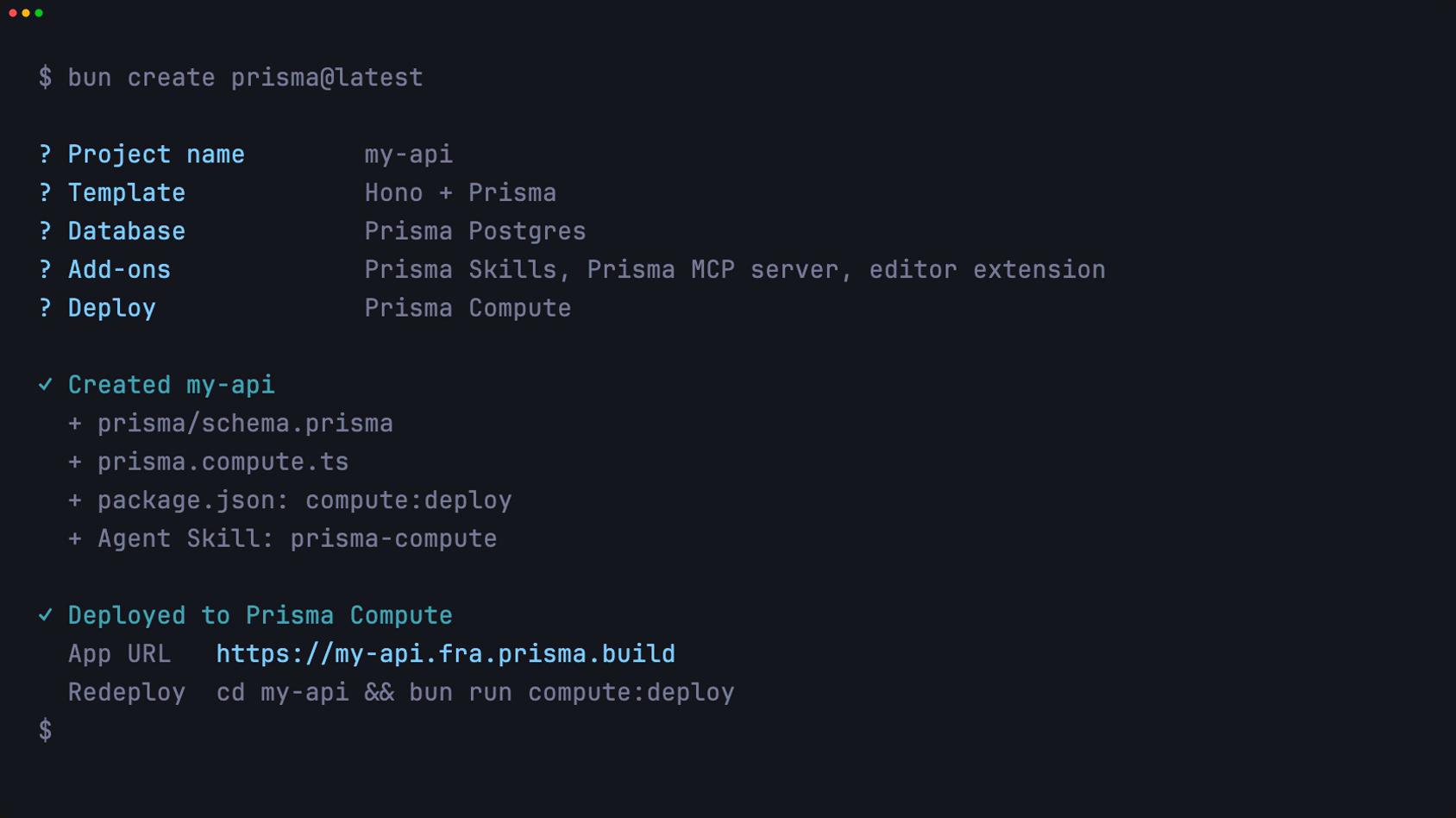 Terminal output from create-prisma showing Prisma Compute setup