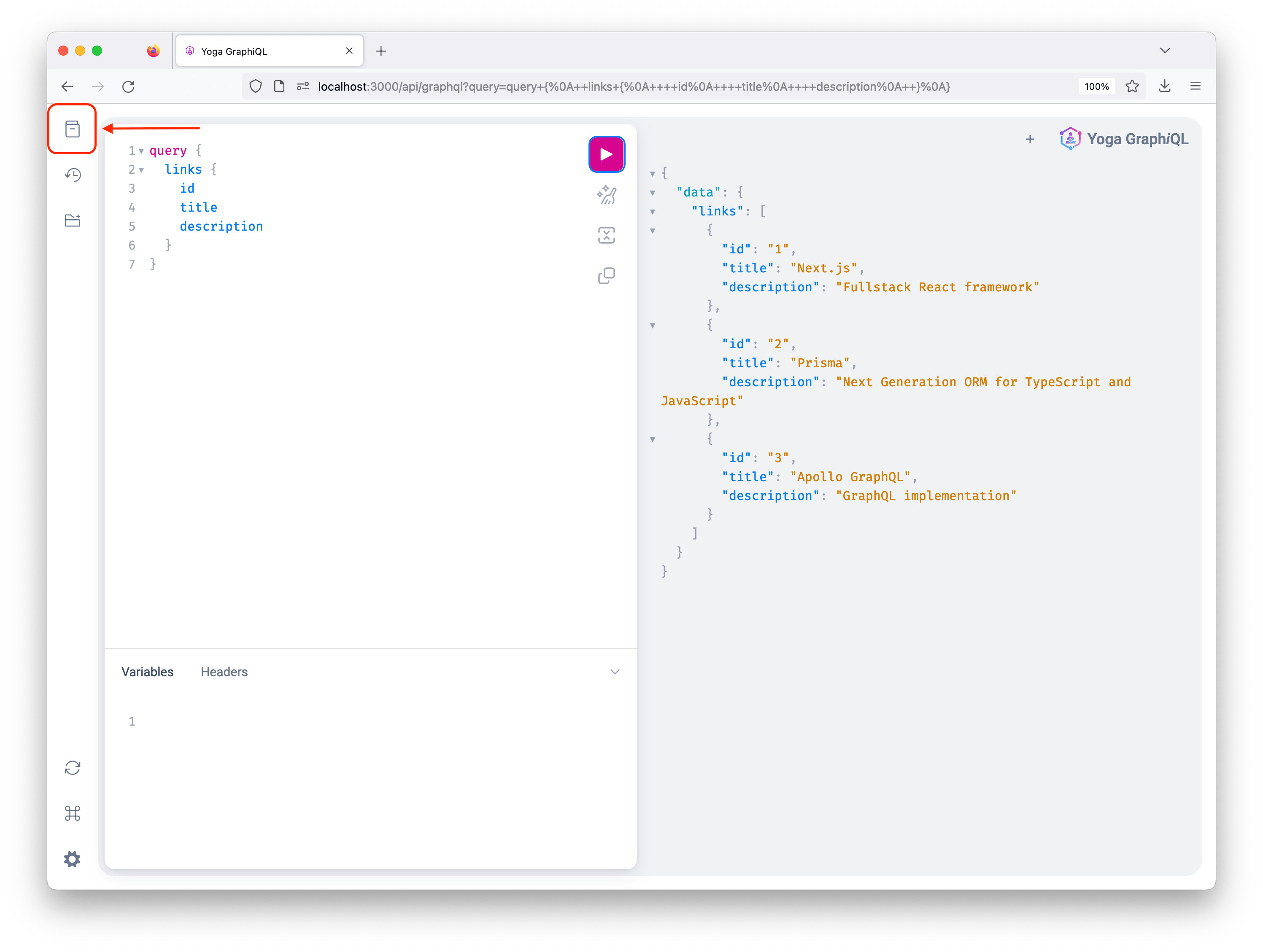 GraphiQL Playground with an example query